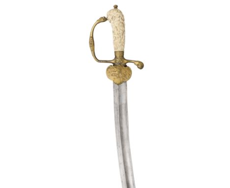 ˜A GERMAN IVORY-MOUNTED HUNTING SWORD, LATE 18TH CENTURY AND ANOTHER, MID-18TH CENTURY the first with curved blade double-edg