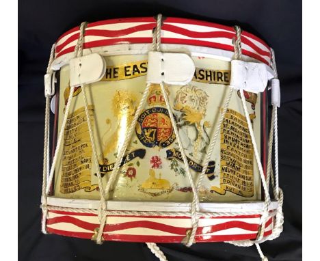 A TENOR DRUM OF THE EAST LANCASHIRE REGIMENT A pre-1952 rope-tensioned example for the 4th/5th Battalion. Plain body, the pal