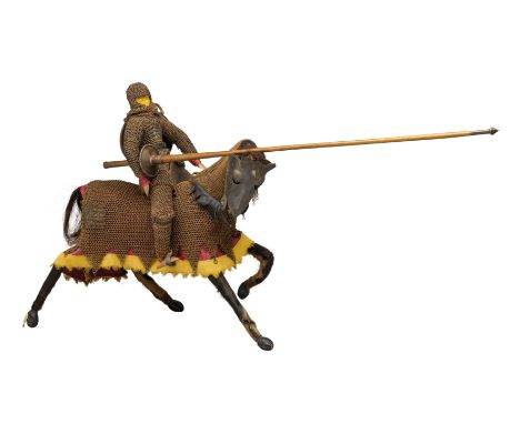 A MINIATURE MAIL ARMOUR FOR MAN AND HORSE, 20TH CENTURY comprising copper mail coif of butted links, open at the face and cov