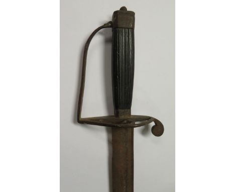 AN INFANTRY OFFICER'S SPADROON, CIRCA 1780 with curved fullered blade double-edged towards the point, iron hilt comprising qu