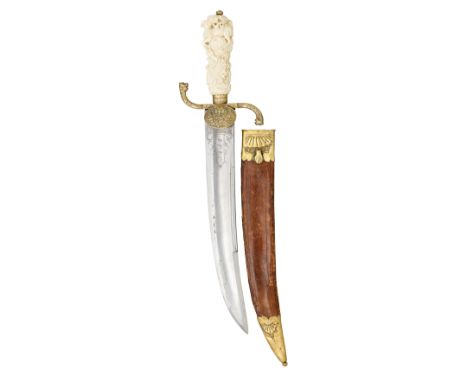 ˜A COMPOSITE GERMAN IVORY-MOUNTED HUNTING SHORTSWORD, 19TH CENTURY with earlier robust curved blade double-edged at the point