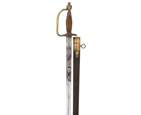 A 1796 PATTERN INFANTRY OFFICER'S SWORD of regulation type, with straight blade etched and gilt on a blued panel at the forte