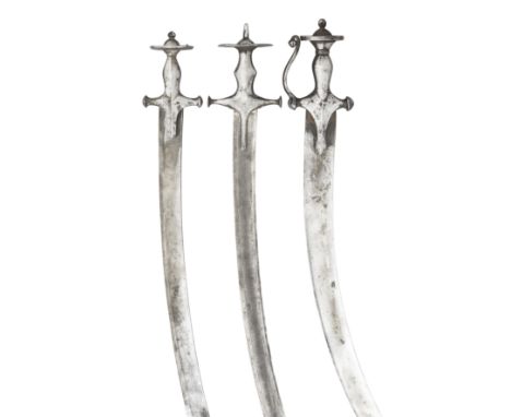 THREE INDIAN SWORDS (TALWAR), 19TH CENTURY the first with broad curved single-edged blade, iron hilt including bulbous quillo