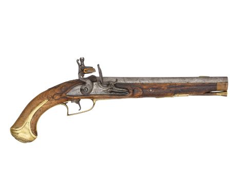 A 28 BORE POLISH FLINTLOCK HOLSTER PISTOL BY I. G. SCHWARTZ A OHLAU, CIRCA 1760 with tapering barrel formed with a long flat 