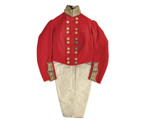A VICTORIAN OFFICER'S COATEE OF THE 38TH MADRAS INFANTRY A double-breasted scarlet coatee with white facings. Gold lace loops