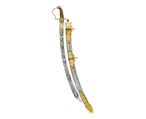 A FINE GEORGIAN OFFICER'S SABRE, CIRCA 1803-5 with broad curved blade double-edged towards the point, frost etched and gilt w