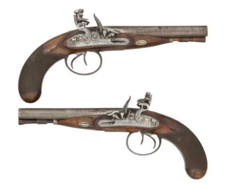 A PAIR OF 32 BORE FLINTLOCK TRAVELLING PISTOLS BY CALVERTS, LEEDS, CIRCA 1830 each with browned twist sighted barrels inscrib
