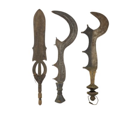 **TWO AFRICAN SICKLE-SHAPED SHORTSWORDS (NGOMBE DOKO) AND A BROADSWORD (DOKO MOBAMPA), CONGO, LATE 19TH/20TH CENTURY of chara