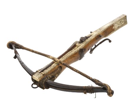 A FINE LARGE GERMAN SPORTING CROSSBOW (GANZE RÜSTUNG), LATE 17TH CENTURY with heavy steel bow retained by later gold-painted 