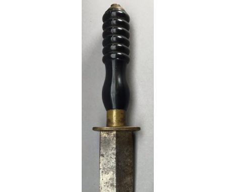 A DIVER'S KNIFE, EARLY 20TH CENTURY with double-edged blade, brass cross-piece, turned hardwood grip, in its brass scabbard 1