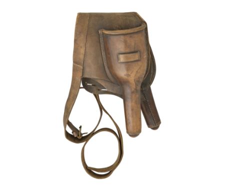 A PAIR OF LEATHER CAVALRY HOLSTERS, MID-19TH CENTURY of characteristic form, joined by a stitched pigskin panel, retaining th