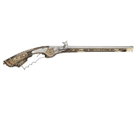 ˜A 22 BORE SILESIAN WHEEL-LOCK SPORTING CARBINE, MID-17TH CENTURY AND LATER with octagonal sighted barrel fitted with moulded