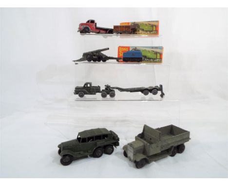 Dinky - a Reconnaissance Car, military green body and base, smooth cast hubs # 152b, a pre-war 6-wheeled Army truck, grey, sm