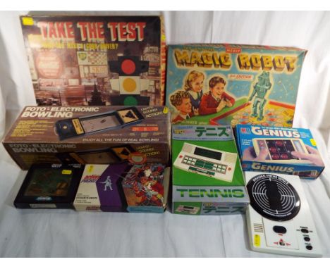 A good mixed lot to include an electronic genius game by MB electronics, an action packs kit entitled The Battle of Waterloo,