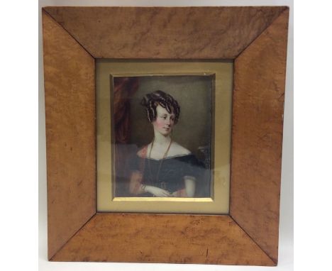 A large rectangular maple framed portrait of a lady with gilt border. Est. £150 - £200.