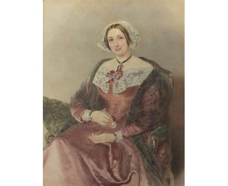 A rosewood framed and glazed watercolour portrait of a lady in Victorian dress with lace collar holding jewellery. Monogramme