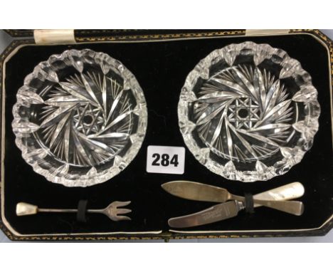 FILLANS & SONS CUT GLASS ETCHED PICKLE DISHES WITH SILVER KNIFE AND FORK