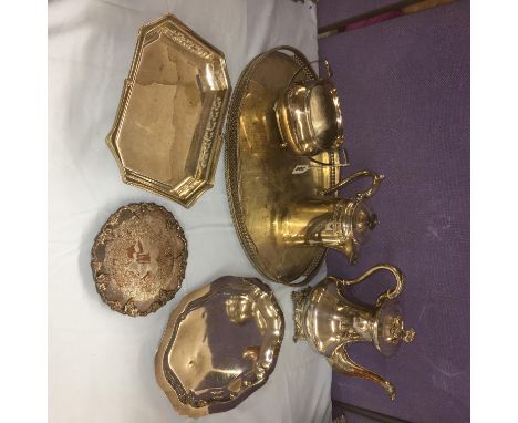 EPNS OVAL GALLERY TRAY, CAKE BASKET, A FRUIT AND VINE CALLING CARD TRAY, SUCRIER, A VICTORIAN STYLE TEAPOT AND COFFEE POT