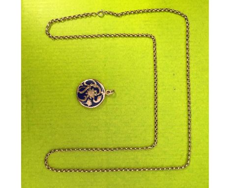 9CT ROSE GOLD BELCHER LINK CHAIN AND A CIRCULAR BLUE ENAMEL FOLIATE LOCKET, 12G APPROX