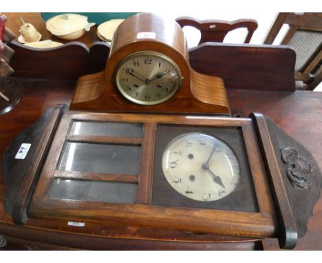 A mahogany mantle clock together with an oak hall clock (2)