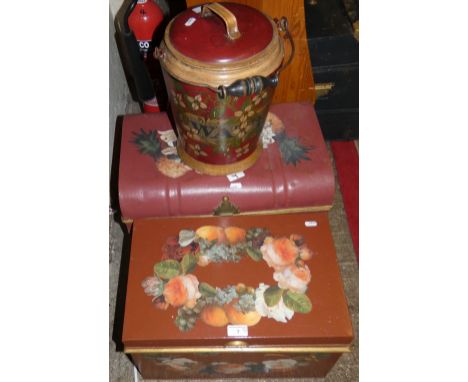 A painted metal travelling trunk together with three other metal painted trunks, boxes and copper posser