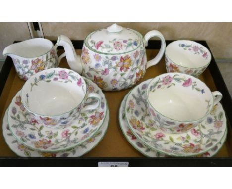 Minton, Haddon Hall, a pair of tea cups and saucers, side dishes, tea pot, milk and sugar bowl