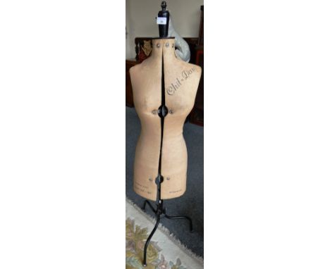 A British made dressmakers female adjustable mannequin marked CHIL-DAW on tripod stand