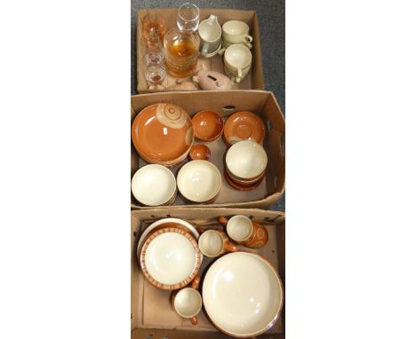 A collection of Denby dinner ware, over 50 pieces, including dinner, side plates, cups and saucers, bowls, dishes, etc., glas