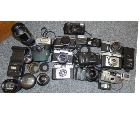 Assorted 35mm SLR and other cameras to include Pentax, Minolta and Fujica, together with flash units and lenses