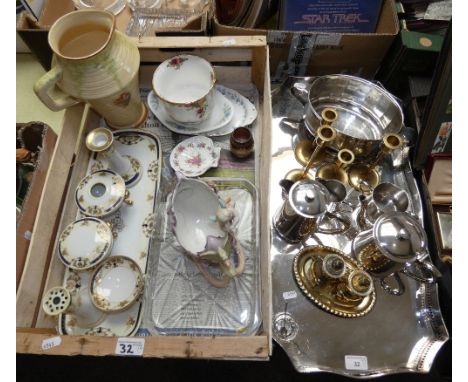 A large silver plated tray, plated coffee and tea service, brass candlesticks, Noritake dressing table set, 'Old Country Rose