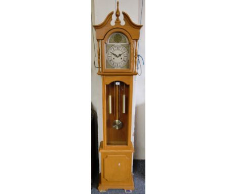 A modern light oak cased 31 day long cased clock, marked C Wood &amp; Son, 194 cm tall