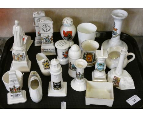 A collection of crested china, including W. H. Goss, Carlton Ware and W. R. &amp; S, comprising models of grandfather clocks,