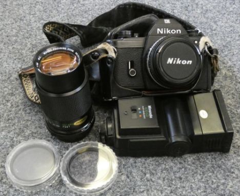 Nikon EM 35mm SLR camera, 50mm series E lens, Vivitar 52mm 80-150mm lens, Miranda flash, filters and camera bag