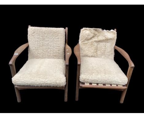 A pair of original R W Toothill retro vintage 1960's afromosia teak wood framed easy / lounge chair / armchairs having angled