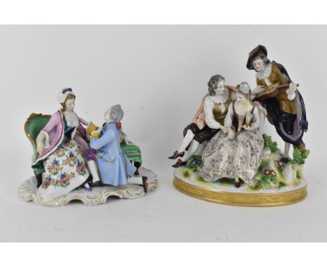 A Ludwigsburg porcelain group, man playing lute to a seated couple together with a porcelain group of a man kneeling in front