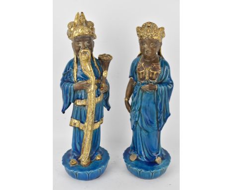 Ugo Urbano Zaccagnini, Florence Italy, a pair of gilded turquoise glazed ceramic Oriental figures, circa 1950's, signed to ba