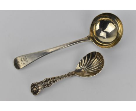 A Victorian silver Kings pattern tea caddy spoon by Mary Chawner, London 1839, with a shell design bow, 12.5cm long and a Geo