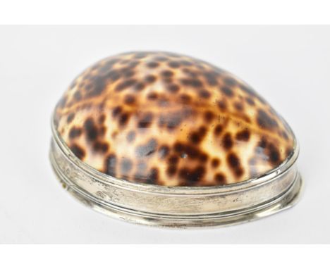 A 19th century snuff box formed from a Cypraea tigris seashell, with a white metal band and hinged lid, engraved with foliage