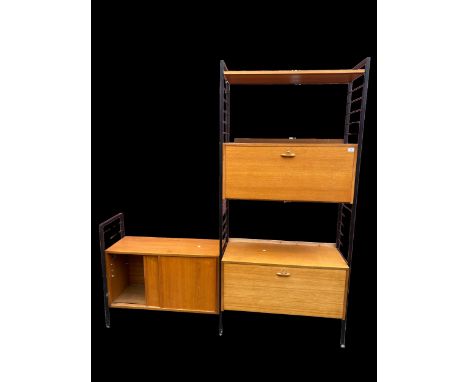 A mid 20th century Staples Ladderax teak room divider consisting of one shelf, three cupboards, two tall ladder supports and 