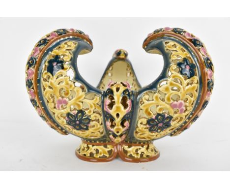 A 19th century Zsolnay Pecs centre piece with pierced decoration, blue stamp, an impressed stamp, serial number 2089, 15cm h 