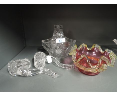 A selection of glass ware including smokers pipe paperweights