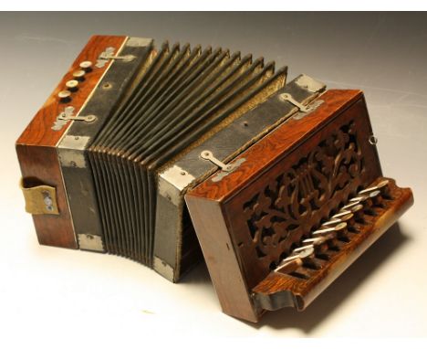 A rosewood accordion, mother-of-pearl keys, pierced carved soundboard with central lyre, early 20th century