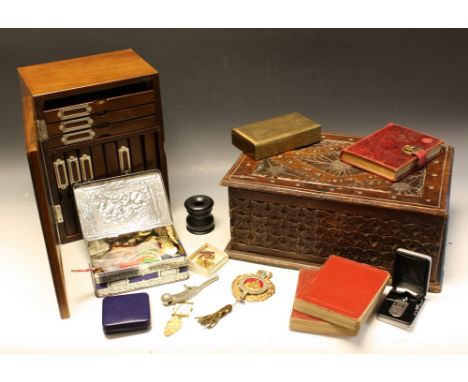 Boxes and Objects - a carved wooden box; silk scarves; militaria; books; World War Two medals; enamel badges; post and greeti