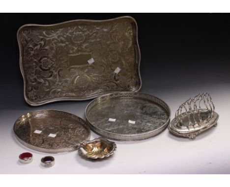 A silver plated galleried tray, scrolling decoration, vacant cartouche, raised on ball and claw feet, approx 46 cm x 30 cm; a