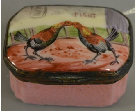 A 19th century enamel canted rectangular snuff box, the hinged cover painted in colourful tones with a cockfight, pastel pink