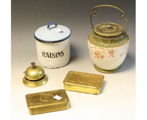 Boxes and Objects - a Queen Mary gift tin, Christmas 1914; another, similar; an early 20th century enamel canister, marked  R
