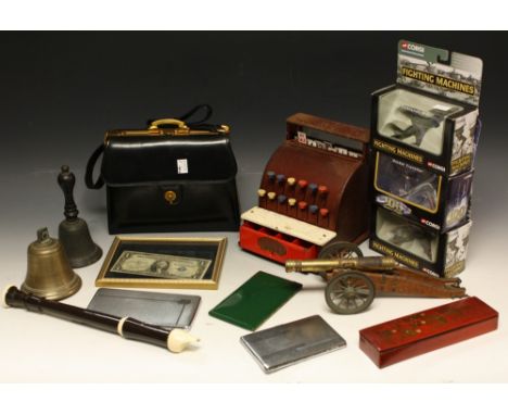 Boxes and Objects - a school bell; another; a Codeg child's till; two Corgi fighting machines, The Falklands War and The Batt