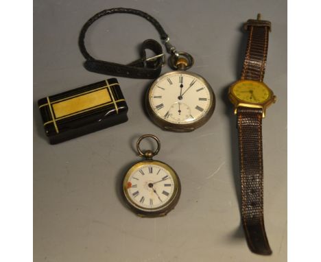 A silver cased gent's open face pocket watch, subsidiary seconds dial, marked 935; a similar lady's watch, enamelled dial; a 