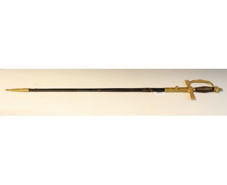 A decorative Spanish sword, the 74cm blade chased and engraved with scrolls and Fabrica de Toledo, gilt metal mounted leather