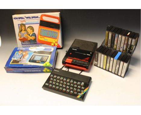 A Texas Instruments Speak and Spell; another, Speak and Maths; a Sinclair ZX Spectrum computer and recorder; Spectrum games